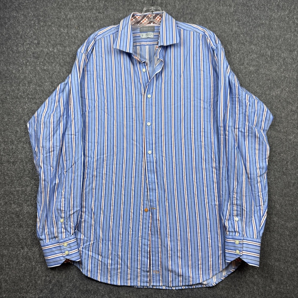 Thomas Dean Shirt Mens XL Blue Orange Stripe Contrast Flip Cuff Long Sleeve Work